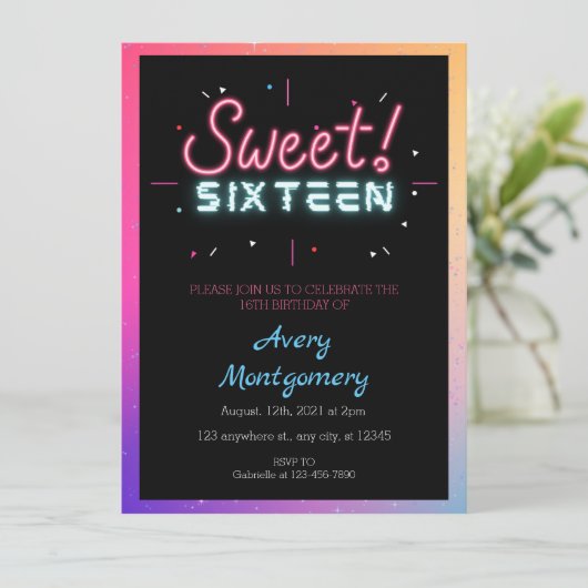 Invitation d'anniversaire néon lumineux 16 ans (Debout devant)