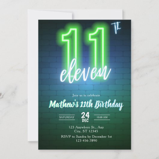 Invitation d'anniversaire néon onzième (Devant)