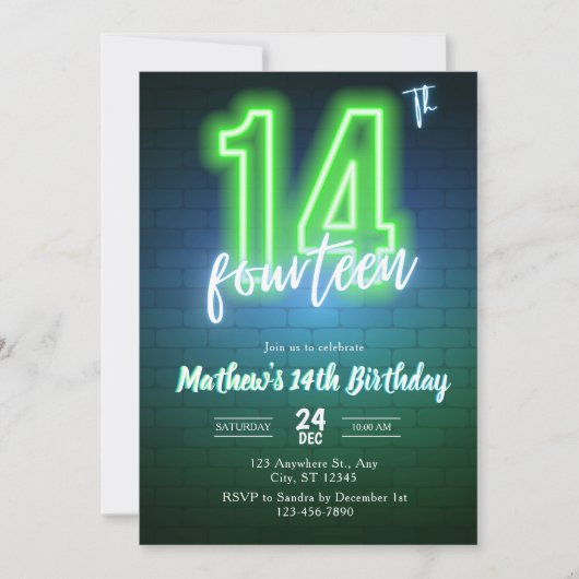 Invitation d'anniversaire néon quatorzième (Devant)