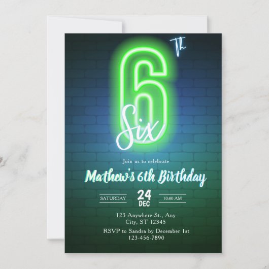 Invitation d'anniversaire néon sixième (Devant)