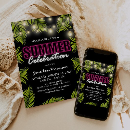 Invitation d'anniversaire néon tropical d'été