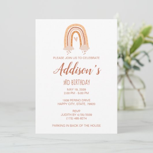 Invitation d'anniversaire Neutral Boho Rainbow (Debout devant)