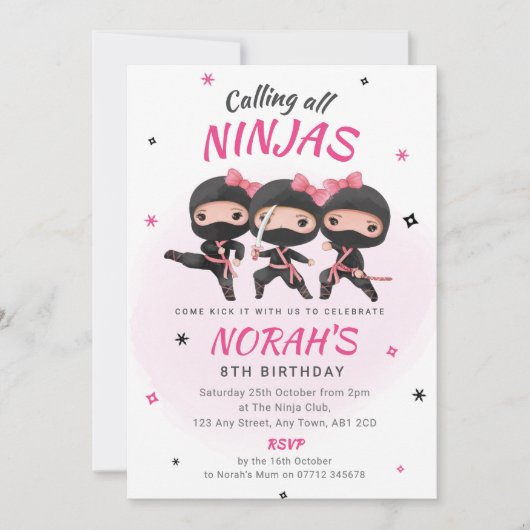 Invitation d'anniversaire Ninja Rose pour filles K (Devant)