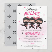 Invitation d'anniversaire Ninja Rose pour filles K (Devant / Derrière)