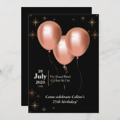 Invitation d'anniversaire - noir avec ballons rose (Devant / Derrière)