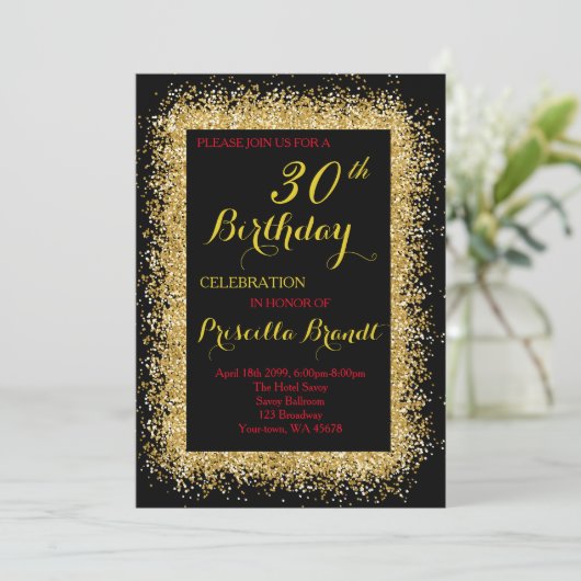 Invitation d'anniversaire, noir, confetti, parties (Debout devant)