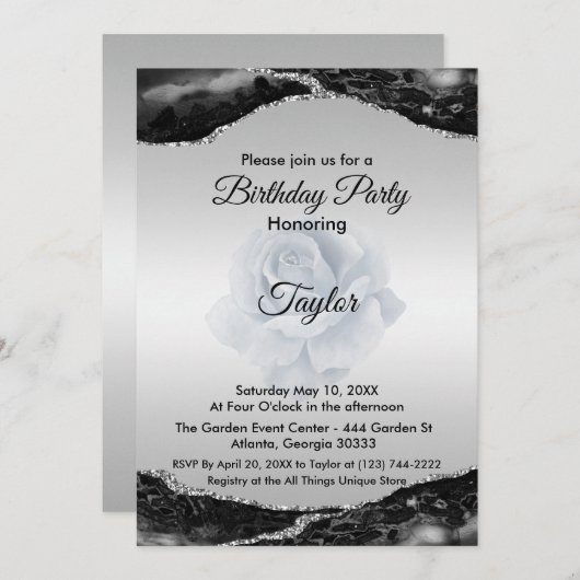 Invitation d'anniversaire noir et argent (Devant / Derrière)