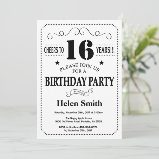 Invitation d'anniversaire Noir et blanc (Debout devant)