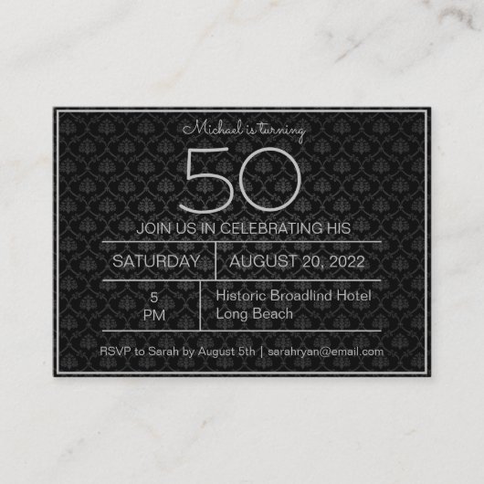 Invitation d'anniversaire noir et gris classique (Devant)