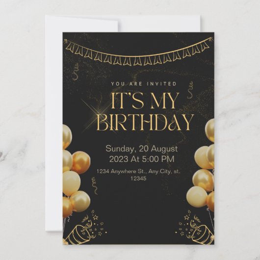 Invitation d'anniversaire Noir et or (Devant)