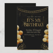 Invitation d'anniversaire Noir et or (Devant / Derrière)