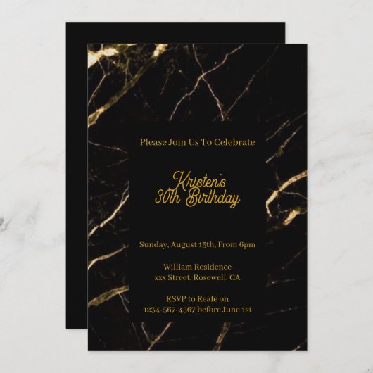 Invitation d'anniversaire noir et or (Devant / Derrière)