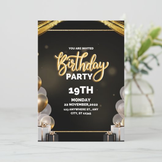 Invitation d'anniversaire noir et or (Debout devant)