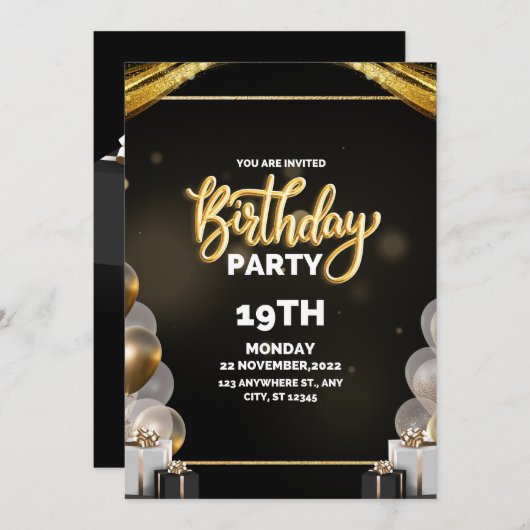 Invitation d'anniversaire noir et or (Devant / Derrière)