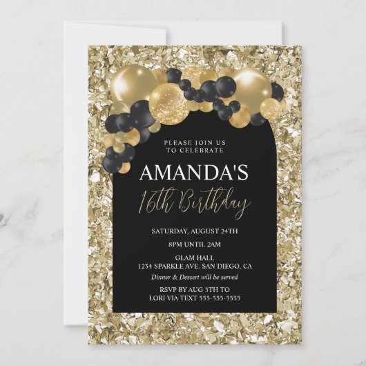 Invitation d'anniversaire noir et or (Devant)