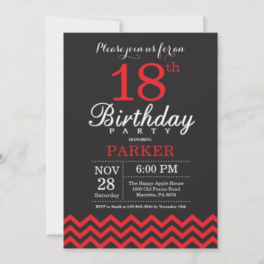 Invitation d'anniversaire Noir et Rouge (Devant)