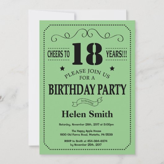 Invitation d'anniversaire Noir et Vert (Devant)