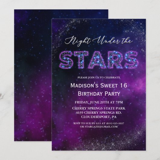 Invitation d'anniversaire Nuit sous les étoiles (Devant / Derrière)