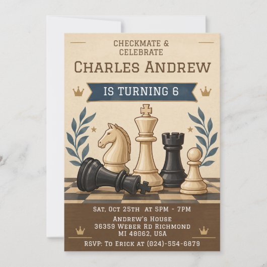 Invitation d'anniversaire numérique d'échecs (Devant)
