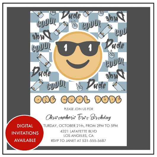 Invitation d'anniversaire One Cool Dude Bleu Gris