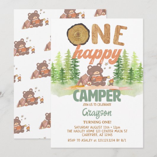 Invitation d'anniversaire One Happy Camper (Devant / Derrière)