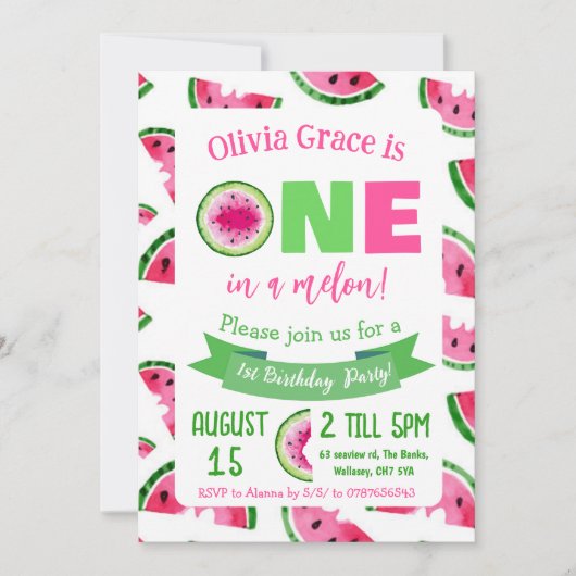 Invitation d'anniversaire ONE in a melon, pastèque (Devant)