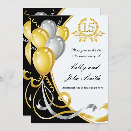 Invitation d'anniversaire or et argent pour 15e an (Devant / Derrière)
