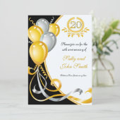 Invitation d'anniversaire or et argent pour 20e an (Debout devant)