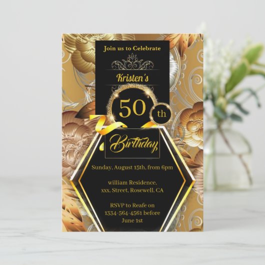 Invitation d'anniversaire or et noir (Debout devant)