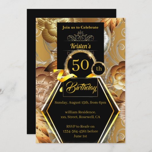 Invitation d'anniversaire or et noir (Devant / Derrière)