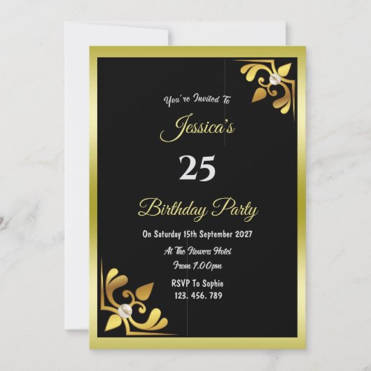 Invitation d'anniversaire or et perles décoratifs (Devant)