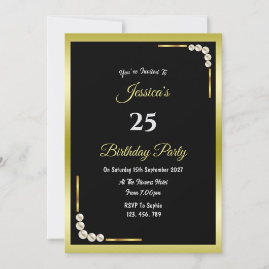Invitation d'anniversaire or et perles décoratifs (Devant)
