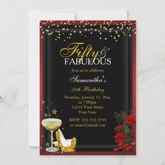 Invitation d'anniversaire or et rouge 50 et fabule (Devant)