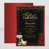 Invitation d'anniversaire or et rouge 50 et fabule (Devant / Derrière)