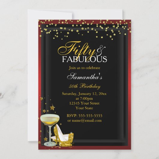 Invitation d'anniversaire or et rouge 50 et fabule (Devant)