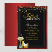 Invitation d'anniversaire or et rouge 50 et fabule (Devant / Derrière)