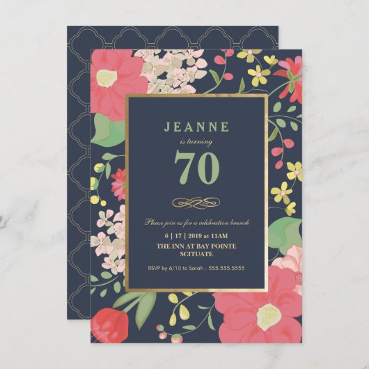 Invitation d'anniversaire - Or, florale élégante (Devant / Derrière)