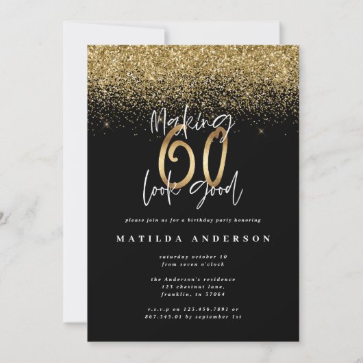 Invitation d'anniversaire or pour avoir 60 ans (Devant)