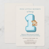 Invitation d'anniversaire Our Little Monkey Blue 1 (Devant / Derrière)