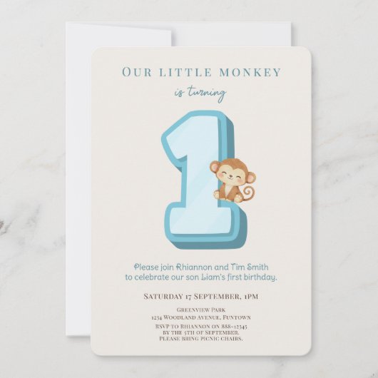 Invitation d'anniversaire Our Little Monkey Blue 1 (Devant)