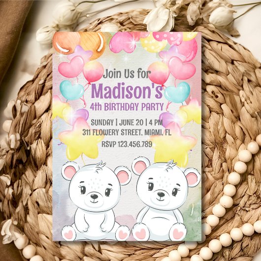Invitation d'anniversaire ours en peluche blanc