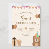 Invitation d'anniversaire ours en peluche marron, (Devant)
