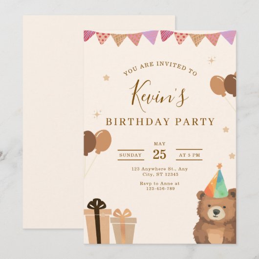 Invitation d'anniversaire ours en peluche marron, (Devant / Derrière)