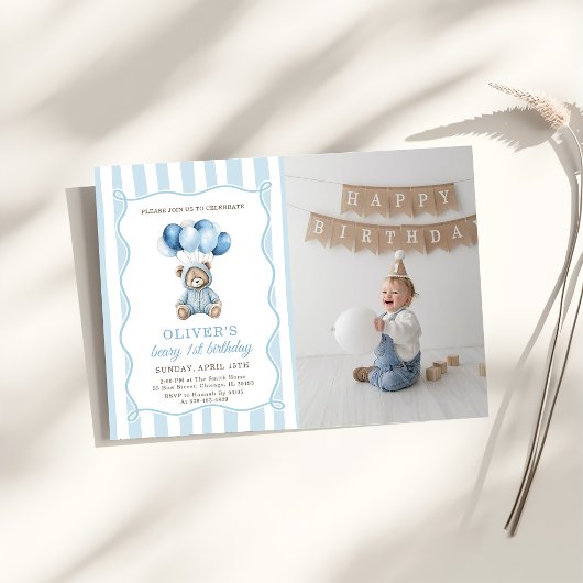 Invitation d'anniversaire Ourson Ballons Bleus 