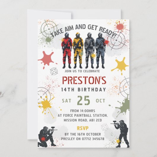 Invitation d'anniversaire Paintball Prendre la mir (Devant)