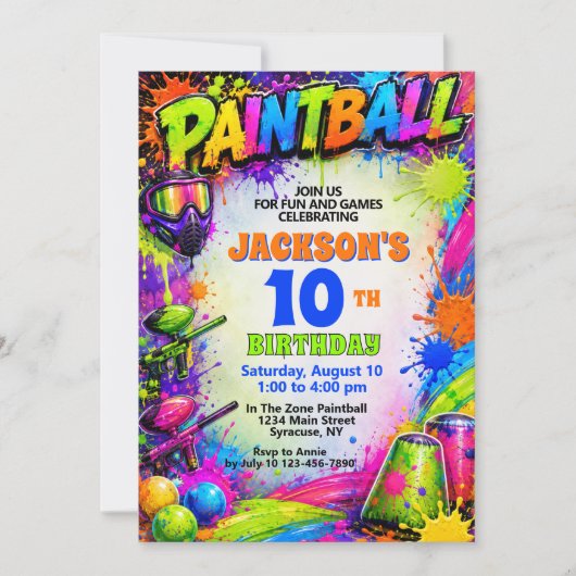 Invitation d'anniversaire Paintball Thème éclabous (Devant)