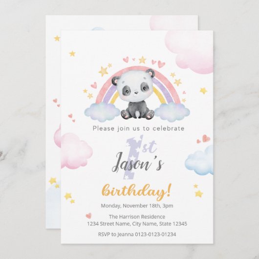Invitation d'anniversaire - Panda mignonne avec ar (Devant / Derrière)