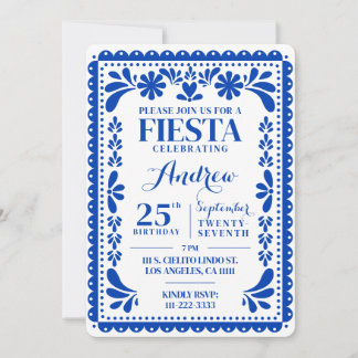 Invitation d'anniversaire Papel Picado Fête Bleue