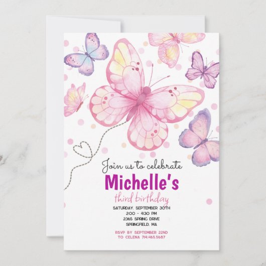Invitation d'anniversaire Papillon (Devant)