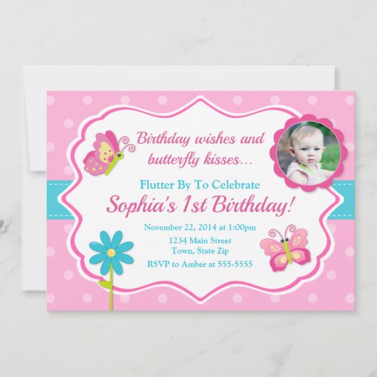 Invitation d'anniversaire papillon 1er anniversair (Devant)